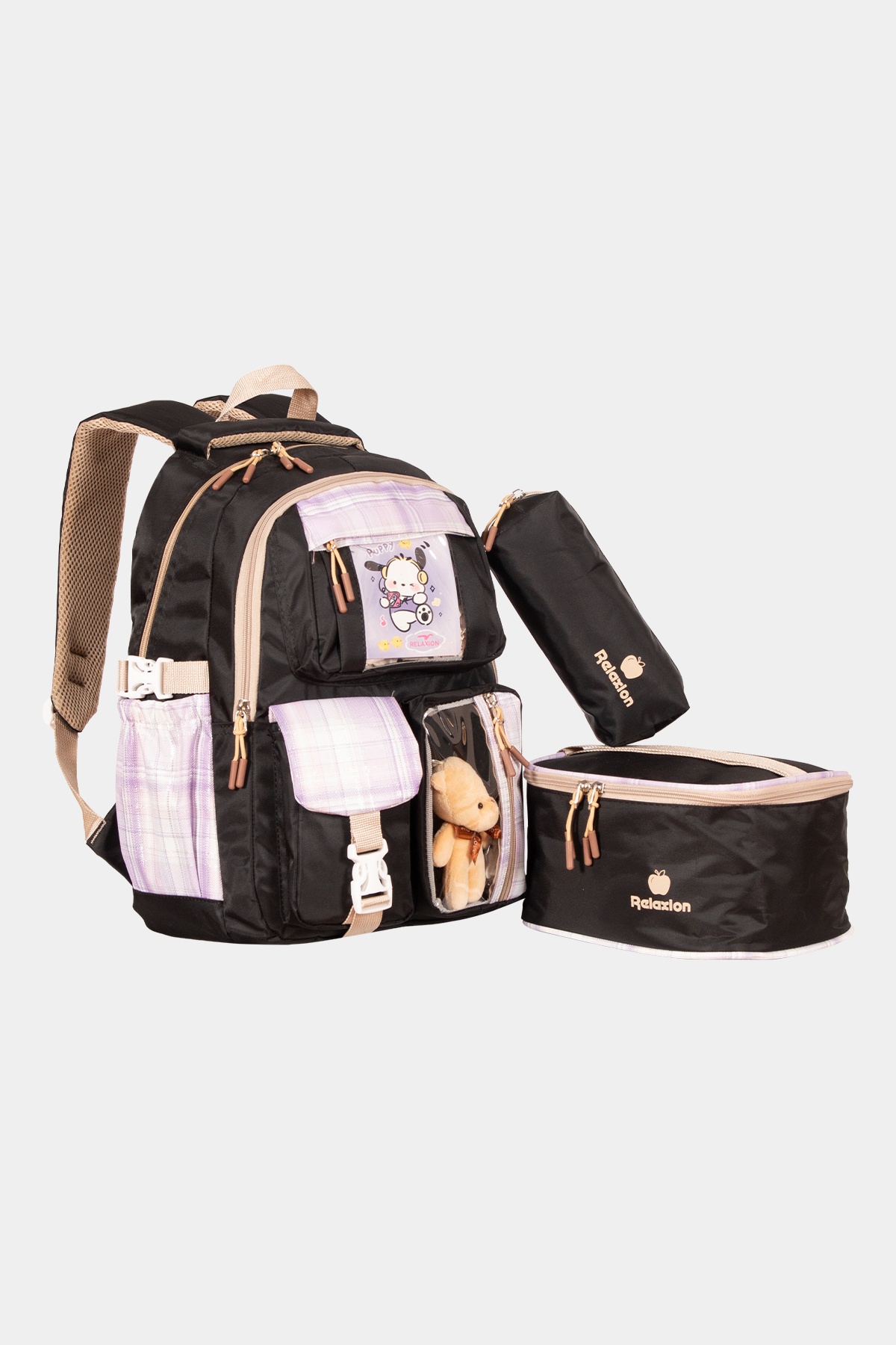 1395 Beslenmeli İlkokul Sırt Çantası Takımı RENK: Siyah Lila resmi